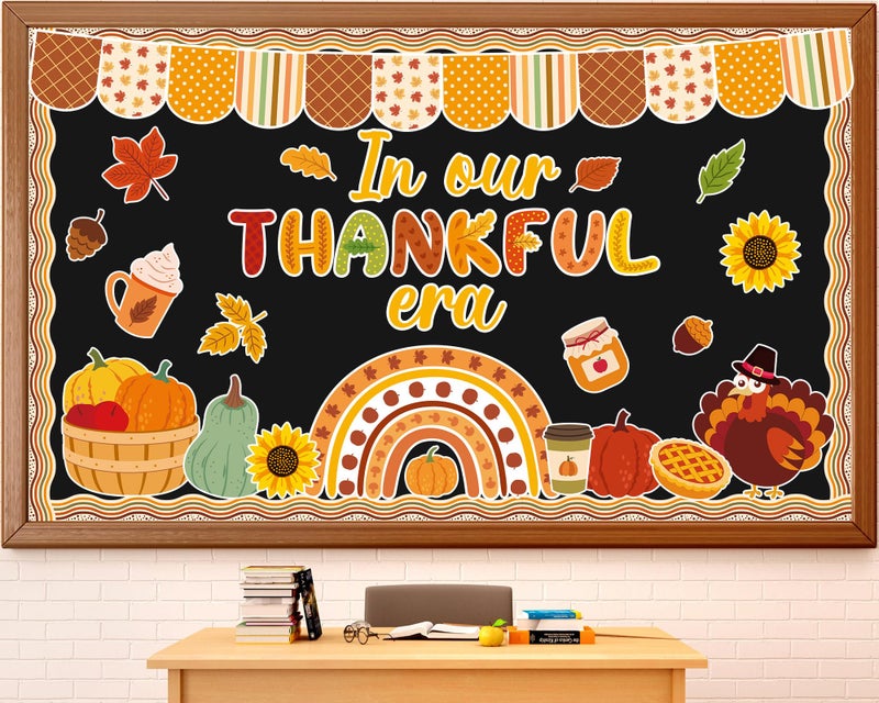 ojustbeok Thanksgiving Turkey Bulletin Board Decorations Pumpkin Maple Leaves Paper Cutouts in Our Thankful Era Bulletin Board Set Fall Party Supplies for Autumn School Chalkboard Wall Window Decoration Favor - Image 2
