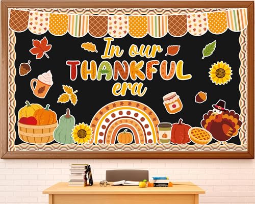 ojustbeok Thanksgiving Turkey Bulletin Board Decorations Pumpkin Maple Leaves Paper Cutouts in Our Thankful Era Bulletin Board Set Fall Party Supplies for Autumn School Chalkboard Wall Window Decoration Favor - Image 1