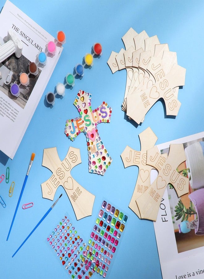 PullCrease DIY Wood Cross Crafts for Kids Religious Craft Kit Sunday School Vacation Bible School Supplies 24 Pack Wooden Cross with Stickers 1 Set Paint(Stylish Style) - Image 5