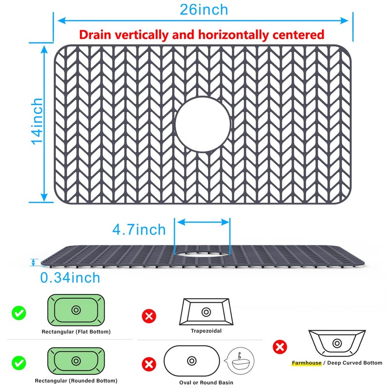 JIUBAR Sink protectors for kitchen sink |12"13"16"18"19"24"26"28"29"30"silicone sink mat| Silicone Kitchen Sink Mat Grid for Bottom of Farmhouse Stainless Steel Porcelain Sink(26"x 14" Center Gray) - Image 2