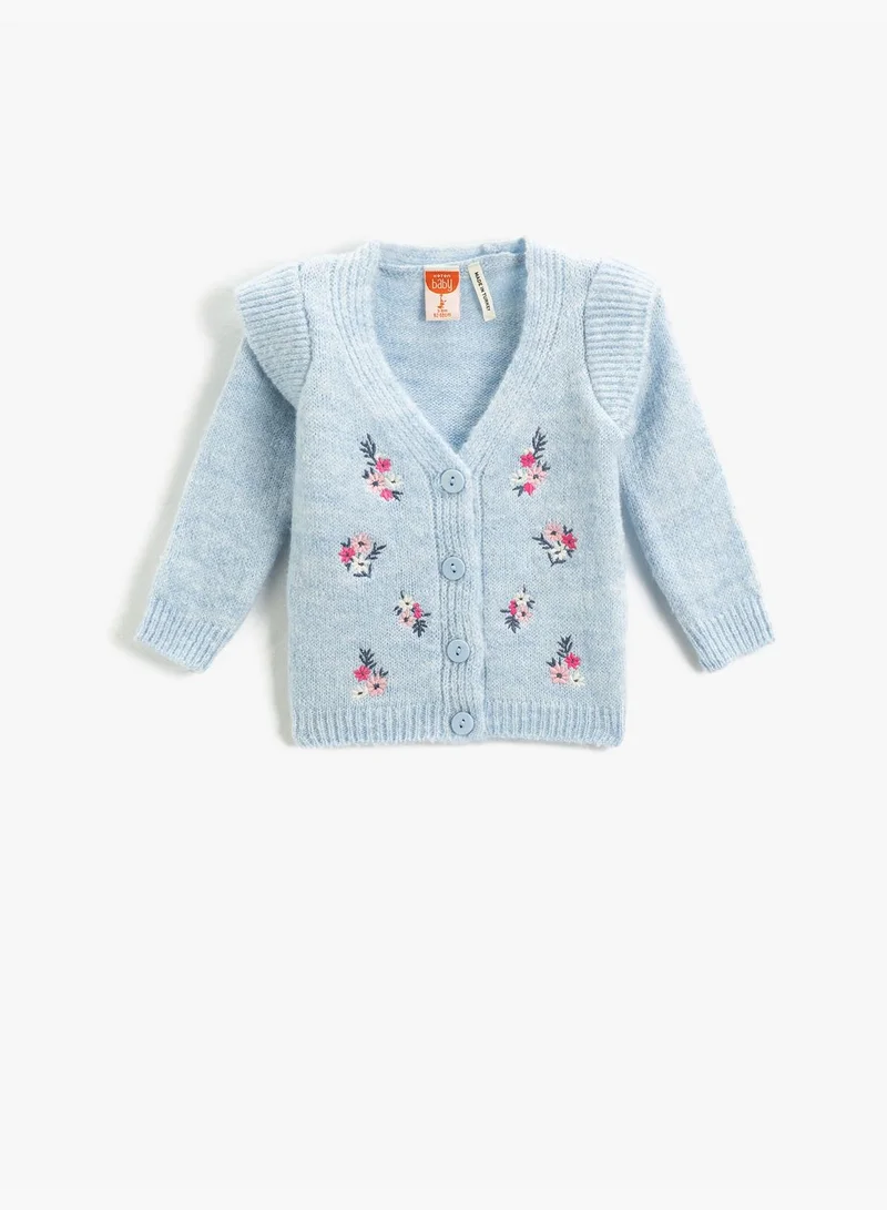 كوتون Flower Embroidered Knit Cardigan Button Detail V Neck Long Sleeve