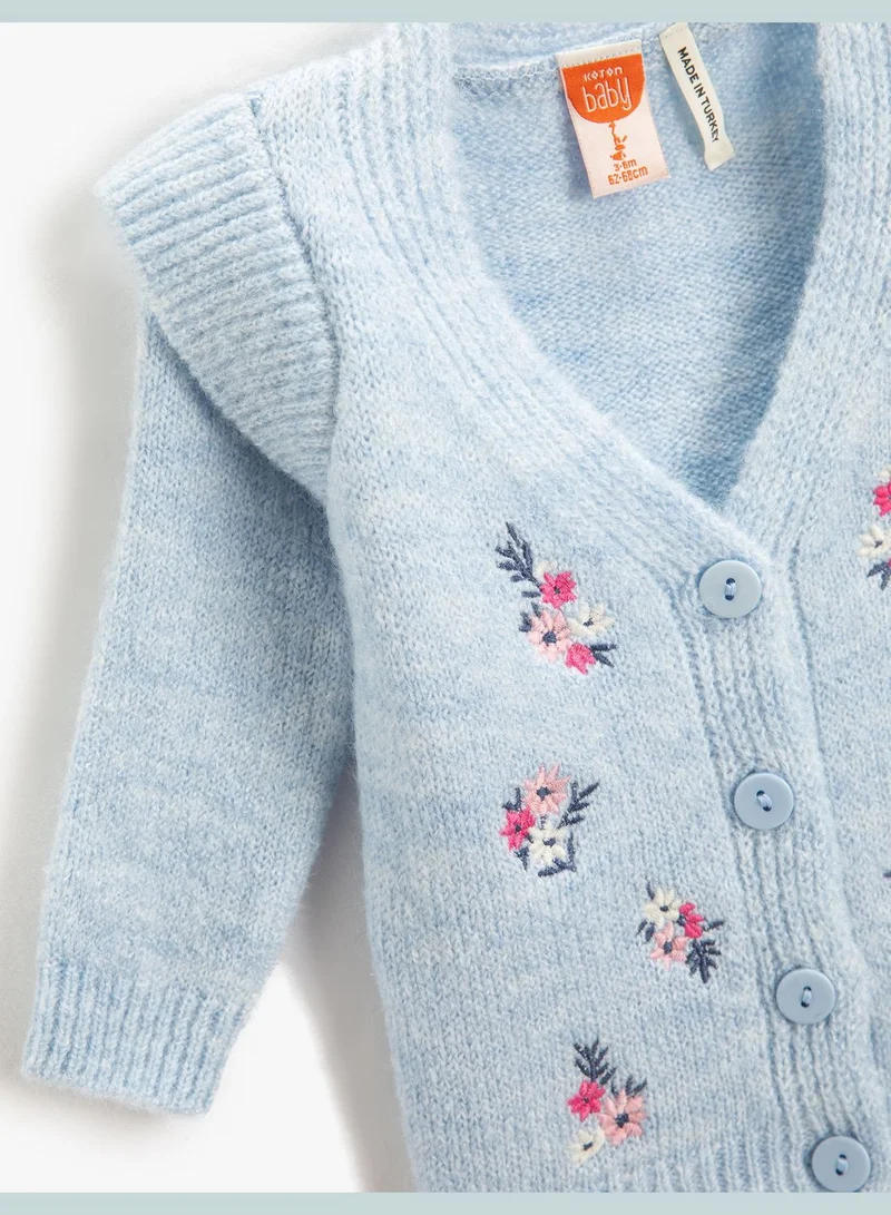 كوتون Flower Embroidered Knit Cardigan Button Detail V Neck Long Sleeve