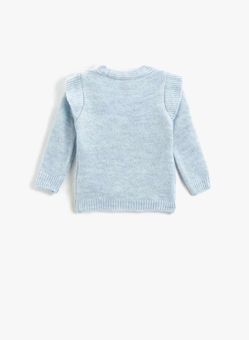 كوتون Flower Embroidered Knit Cardigan Button Detail V Neck Long Sleeve