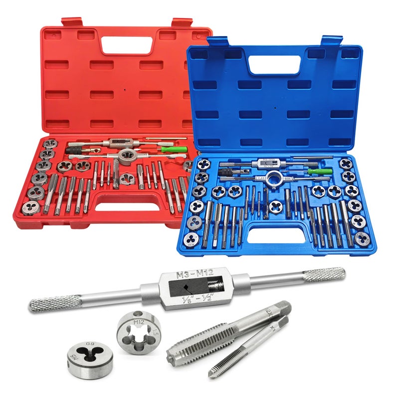 GMTOOLS 80pcs Tap and Die Set, SAE and Metric Tap Die Wrench Set, Metric Standard M3 to M12 Coarse Fine Rethreading Threads Bits for Cutting External and Internal Threads, NC, NF, NPT Repair Tools - Image 1