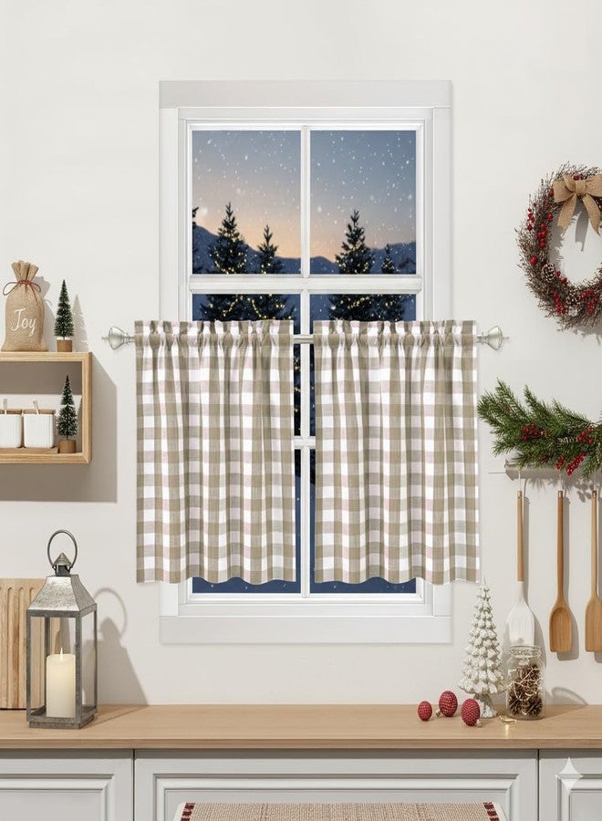 Bapawfish Beige Buffalo Plaid Cafe Curtains Farmhouse Tiers Kitchen Curtain 24 Inches Long, Flax Rustic Gingham Check Small Window Short Drapes for Kitchens Bathroom, 28" x 24", Beige, Set of 2 - Image 1