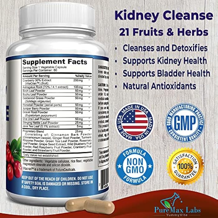 YUMMYVITE Herbal Kidney Cleanse with Cranberry Extract, Astralagus - 21 Fruits & Herbs - Detox & Cleanse Urinary Tract & Bladder Health, Kidney Support, 60 Vegan Capsules - Image 2