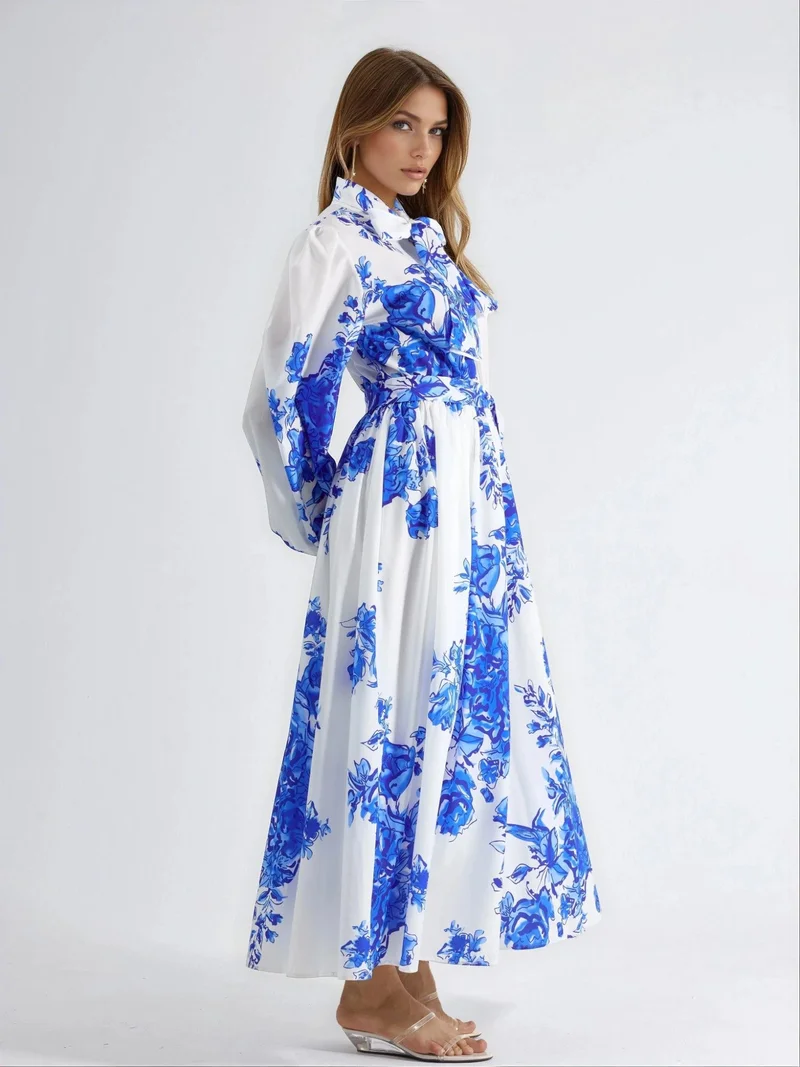 جينيفر Belted Floral Maxi Dress with Shirt Collar