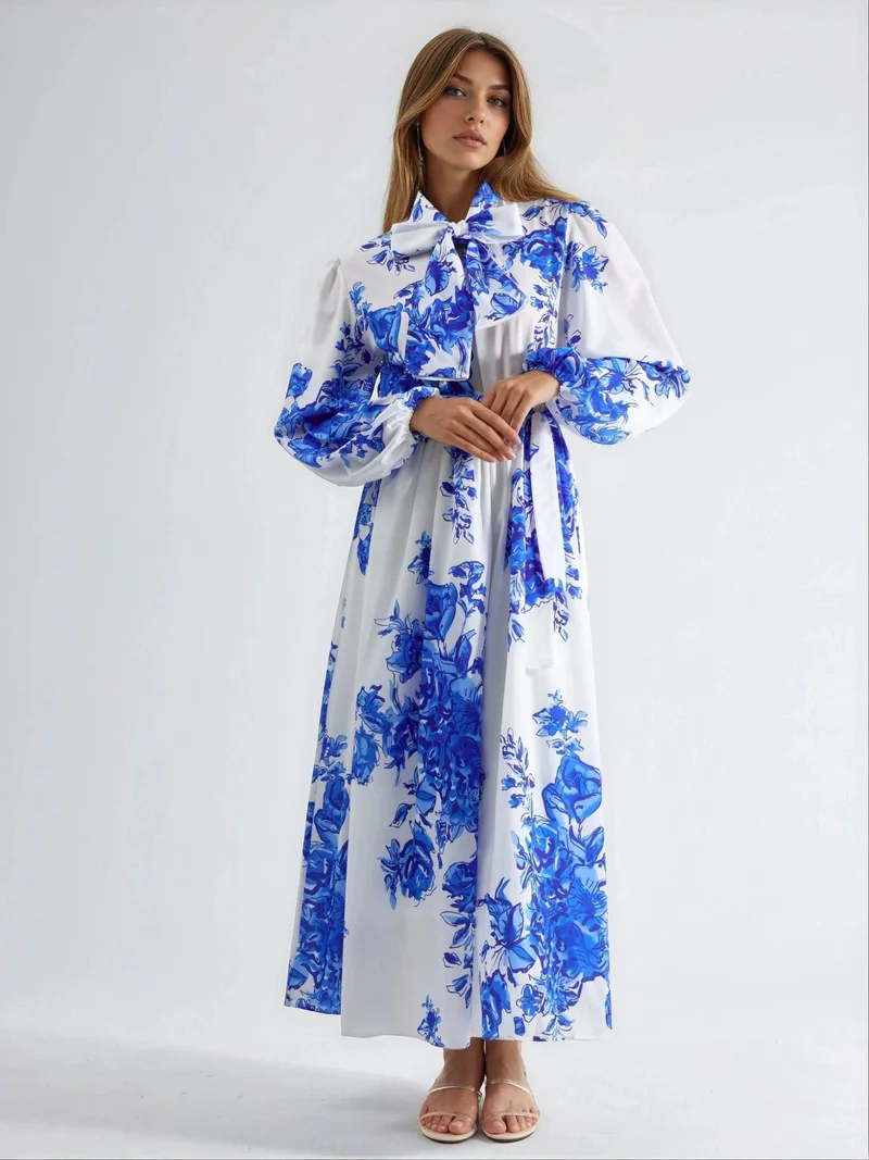 جينيفر Belted Floral Maxi Dress with Shirt Collar