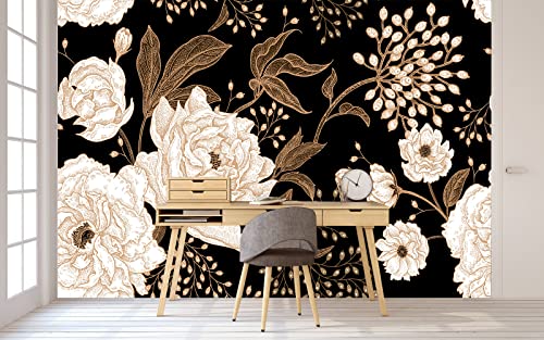 Reyhui Wall Mural Peonies and Roses Floral Vintage Wallpaper Seamless Gold White Flowers Wall Coverings for Living Room Bedroom Kids Room（Not Peel and Stick） - Image 4