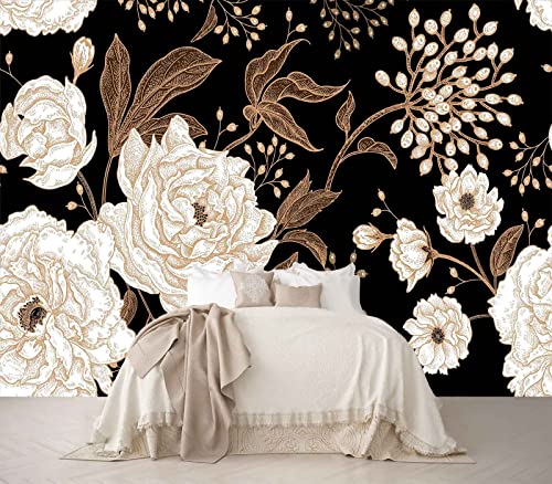 Reyhui Wall Mural Peonies and Roses Floral Vintage Wallpaper Seamless Gold White Flowers Wall Coverings for Living Room Bedroom Kids Room（Not Peel and Stick） - Image 1