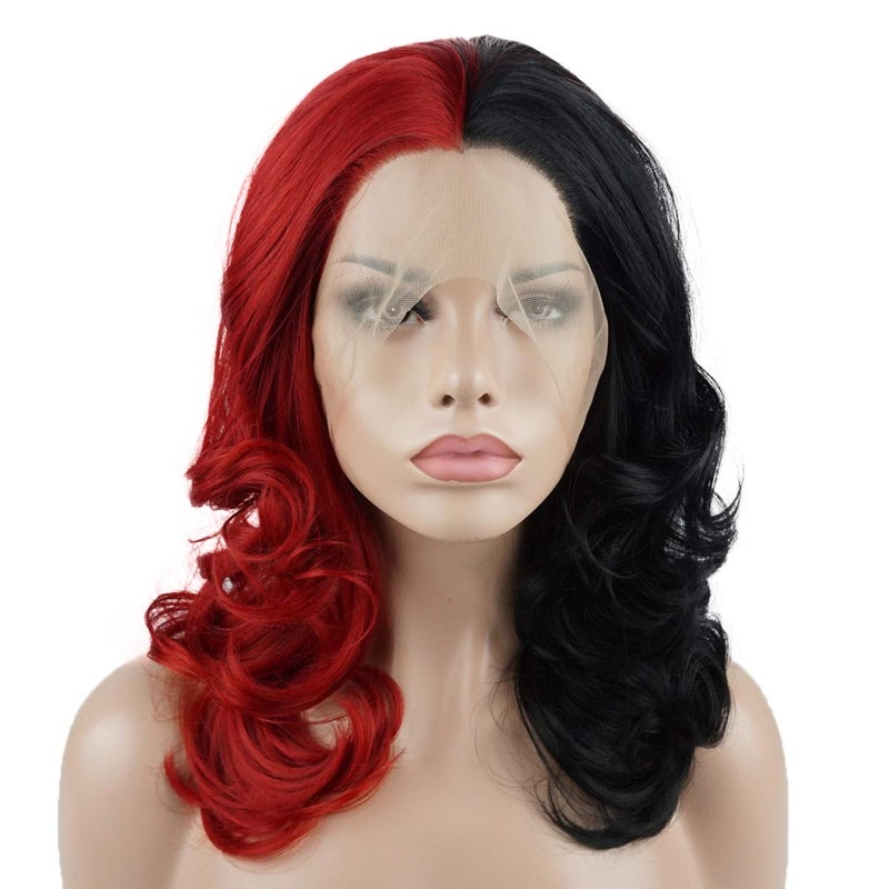 Lushy Lushy Stylish Medium Length Half Black Half Red Mix Wig Heat Friendly Heavy Density Synthetic Lace Front Wig 
