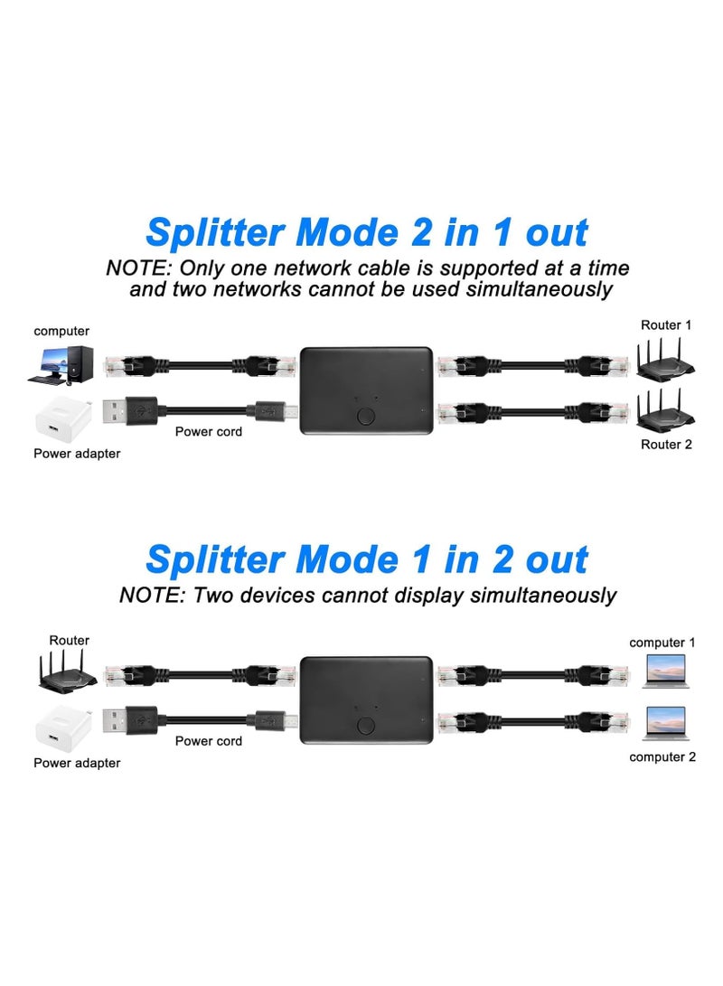 RJ45 Ethernet Switch Selector, Bi-Directional Splitter, 2-Port Network Switch Distributor, 1 In 2 Out or 2 In 1 Out, 100M Plug & Play Intranet Adapter with Switcher.