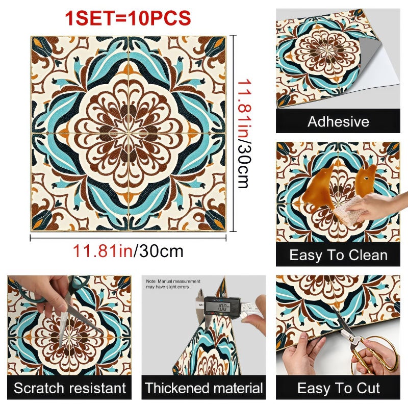 HOMETITUTE 10PCS 12x12 Inch Peel and Stick Floor Tiles Removable Self Adhesive Vinyl Flooring Stickers Vintage Floral Medallion for Kitchen Bathroom Entryway Living Room Home Decor - Image 3