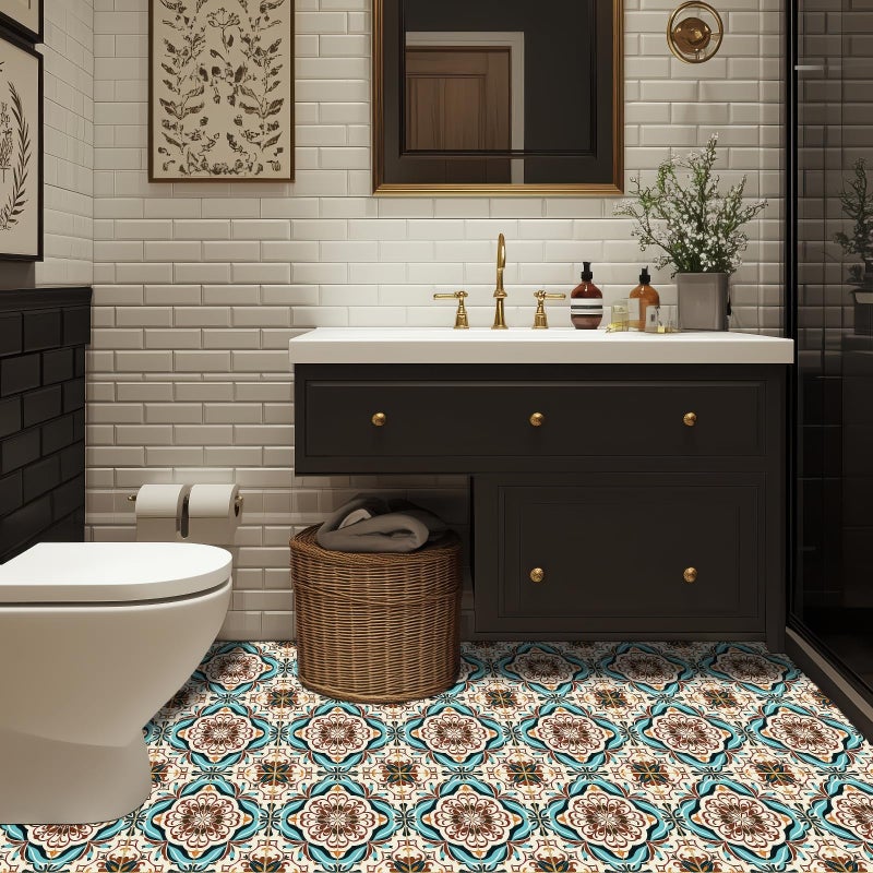 HOMETITUTE 10PCS 12x12 Inch Peel and Stick Floor Tiles Removable Self Adhesive Vinyl Flooring Stickers Vintage Floral Medallion for Kitchen Bathroom Entryway Living Room Home Decor - Image 4