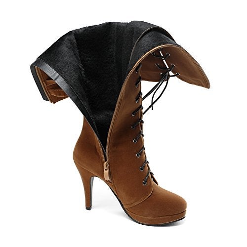 getmorebeauty Womens Suede Buckle Rock Lace Up Zipped Knee High Boots High Heel Boots (6 B(M) US, Brown) - Image 5