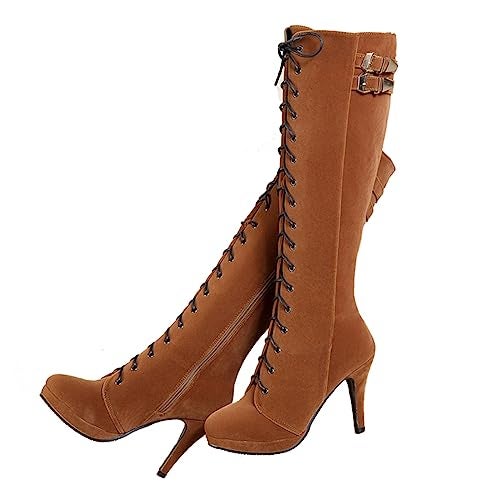 getmorebeauty Womens Suede Buckle Rock Lace Up Zipped Knee High Boots High Heel Boots (6 B(M) US, Brown) - Image 1