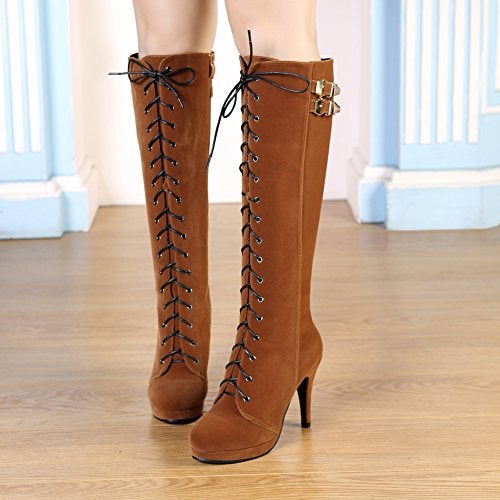 getmorebeauty Womens Suede Buckle Rock Lace Up Zipped Knee High Boots High Heel Boots (6 B(M) US, Brown) - Image 3