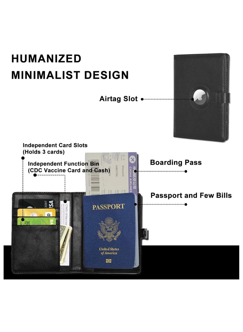 عام محفظة جواز سفر للسيدات والرجال مع حامل Airtag، تتضمن حامل جواز السفر وبطاقة التطعيم بتقنية RFID مع فتحة للبطاقات، حامل جواز سفر من الجلد مع حامل Airtag وضروريات السفر بالطائرة - Image 2