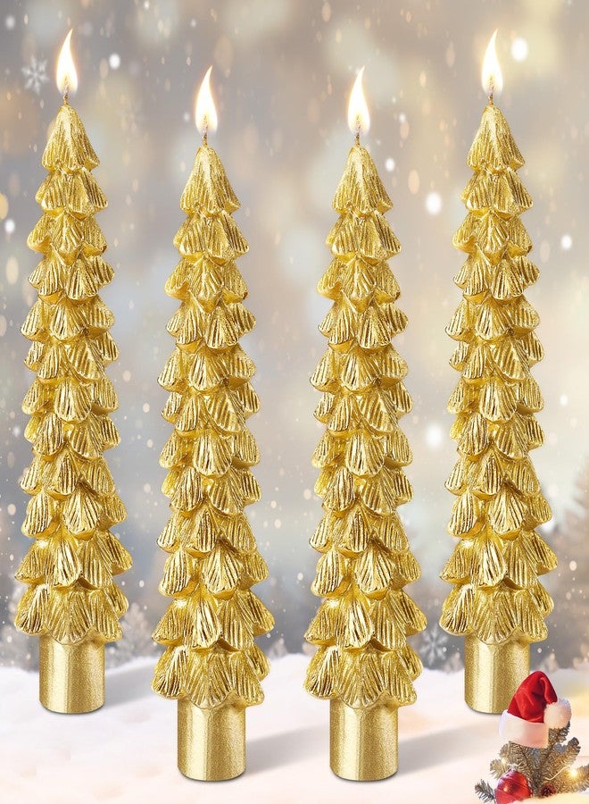 Ceoighe 4 Pack Christmas Tree Candles, 5 Inch Pure Beeswax Christmas Tree Shaped Taper Candles for Xmas Holiday Decor, Advent Party Banquet Centerpiece Decoration (Golden) - Image 1