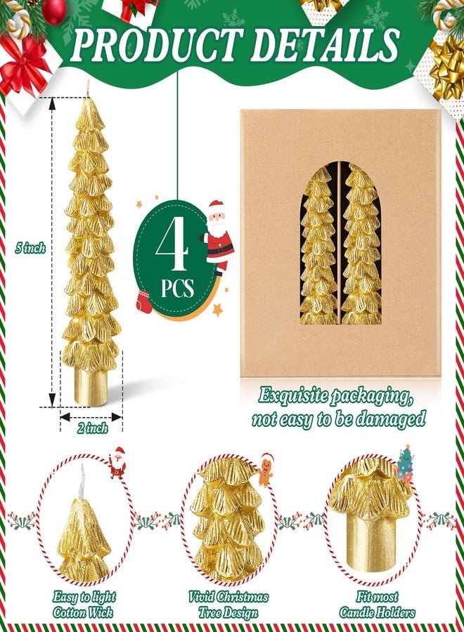 Ceoighe 4 Pack Christmas Tree Candles, 5 Inch Pure Beeswax Christmas Tree Shaped Taper Candles for Xmas Holiday Decor, Advent Party Banquet Centerpiece Decoration (Golden) - Image 2
