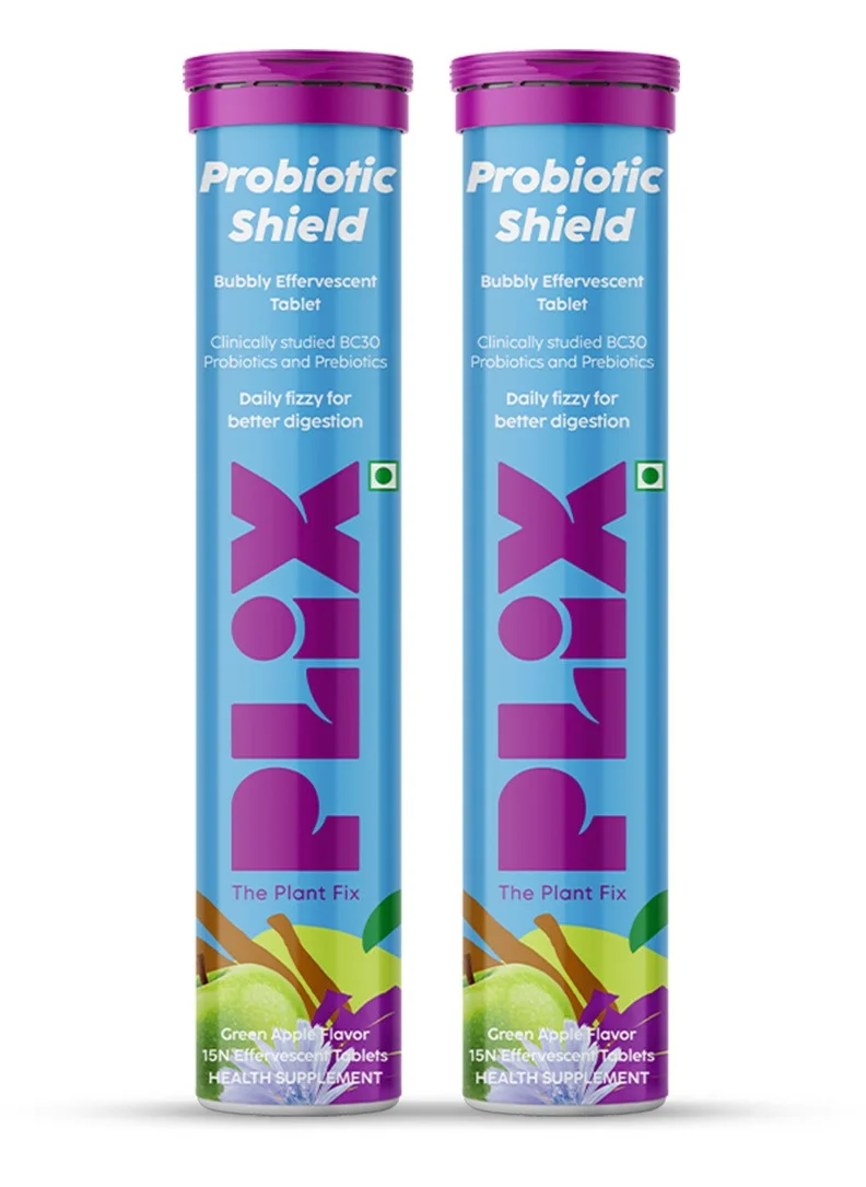PLIX THE PLANT FIX PLIX - THE PLANT FIX Probiotic Shield Pre+Probiotic 30 قرصًا فوارًا للأمعاء الجيدة والهضم والتمثيل الغذائي مع 20 مليار وحدة تشكيل مستعمرة، وسلالات بروبيوتيك حيوية، عبوة من قطعتين (التفاح الأخضر)