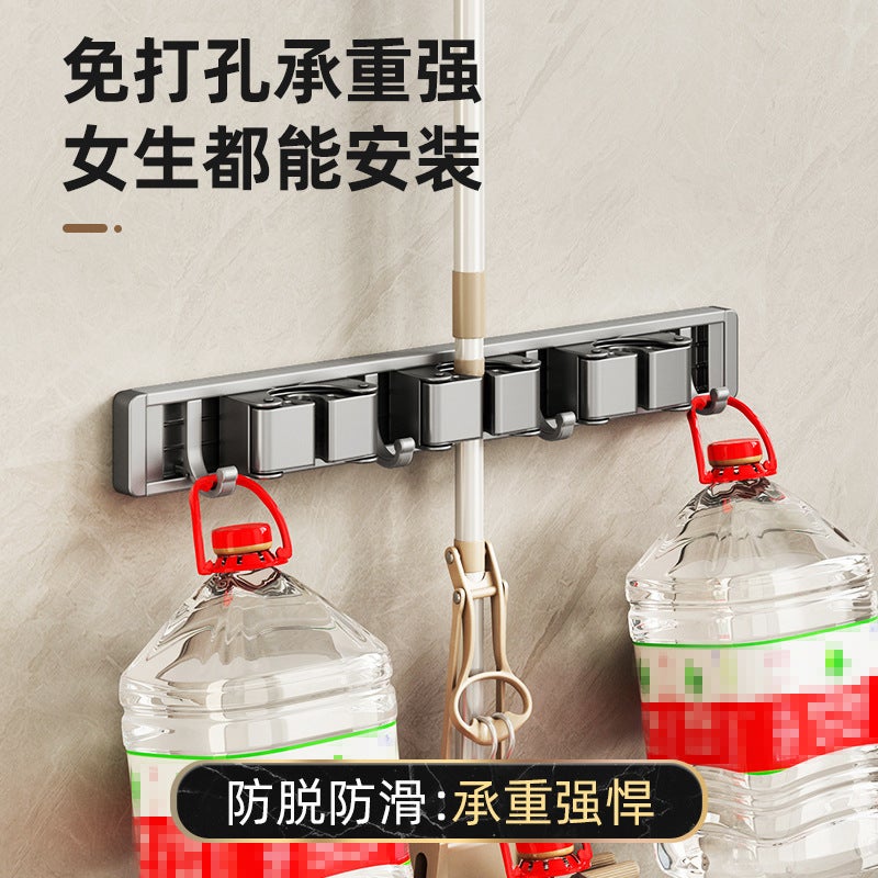 Punch-free Multifunctional Mop Rack Bathroom Space Aluminum Mop Broom Storage Rack silver gray - Image 3