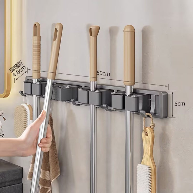 Punch-free Multifunctional Mop Rack Bathroom Space Aluminum Mop Broom Storage Rack silver gray - Image 1