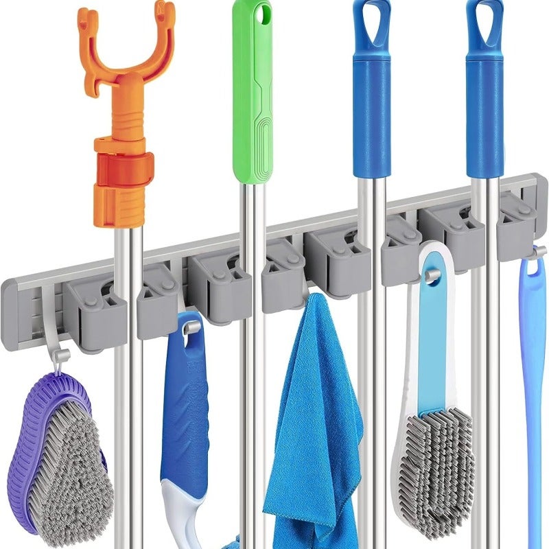 Punch-free Multifunctional Mop Rack Bathroom Space Aluminum Mop Broom Storage Rack silver gray - Image 5