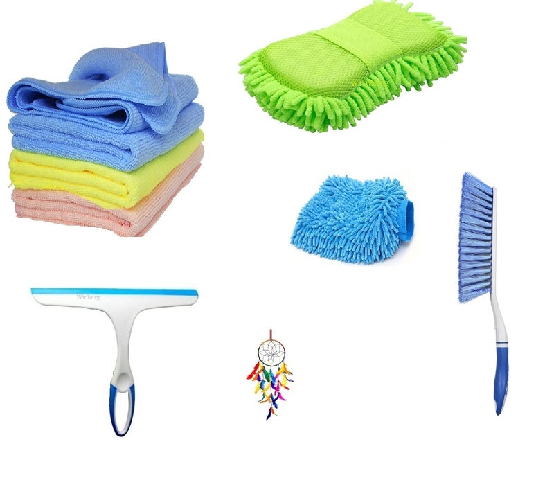 Winberg ® Car Cleaning Combo Pack Microfiber Towel 3 pcs 1 Carpet Brush 1 Washing Scurb Microfibre Gloves full Interior and Exterior Cleaning Kit - CarCLNG06 - Image 1