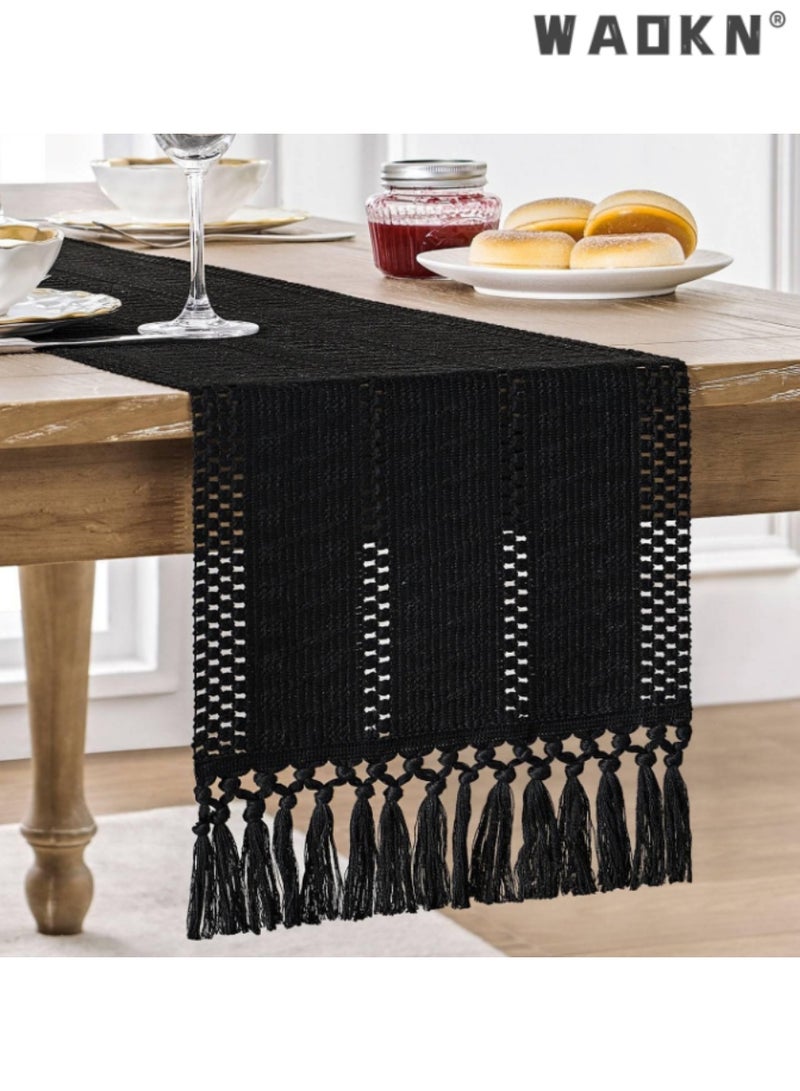 WAOKN Black Table Runner with Knotted Tassels, Elegant Table Scarf for Dining Tables, Adds a Luxurious Touch to Your Home Decor, Ideal for Everyday Use and Special Occasions, 30*183 cm - Image 1