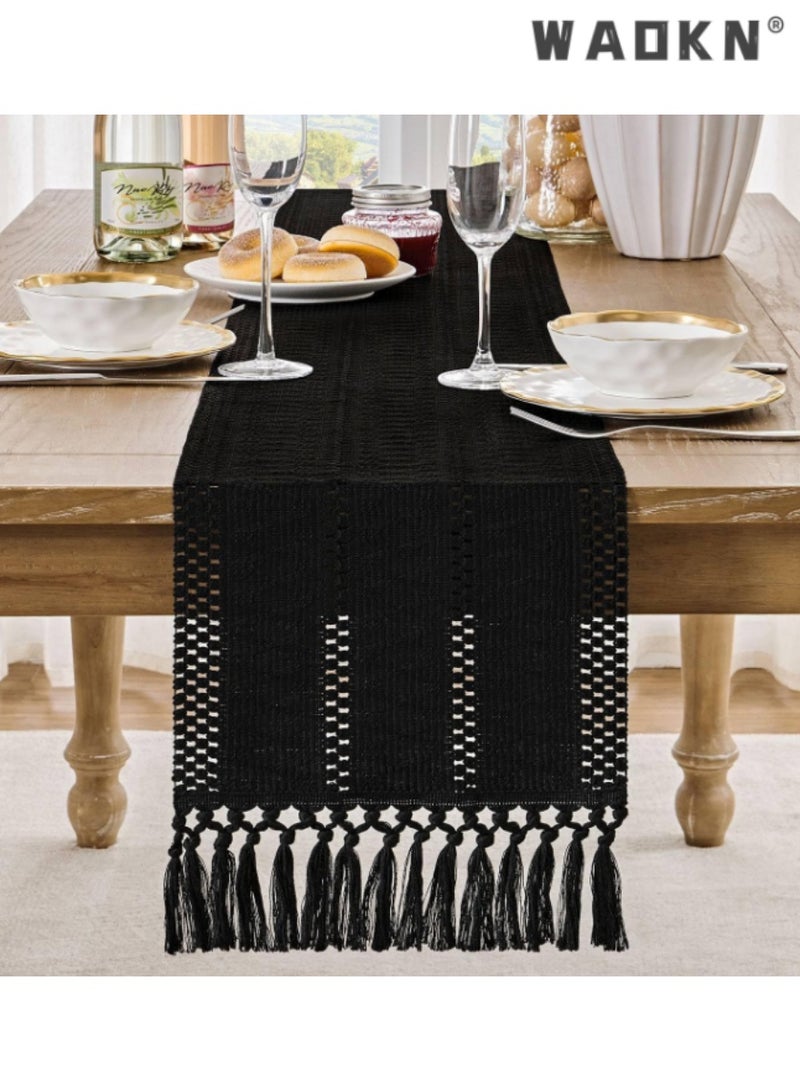 WAOKN Black Table Runner with Knotted Tassels, Elegant Table Scarf for Dining Tables, Adds a Luxurious Touch to Your Home Decor, Ideal for Everyday Use and Special Occasions, 30*183 cm - Image 2