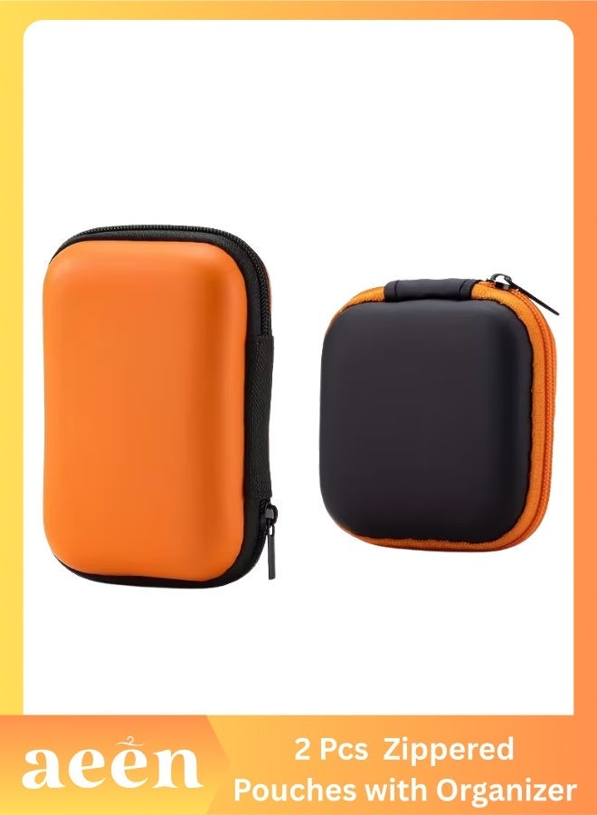 aeen 2PCS Orange EVA Zippered Organizer Pouches with Compartments – Portable Travel Storage Cases for Earphones, Chargers, Cables, Keys, Coins & Jewelry - Image 1