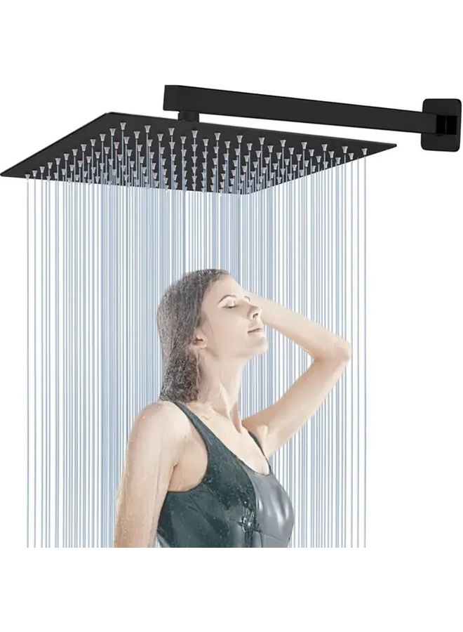 12 Inch Black All Metal Square Rainfall Shower Head With 16 Inch Extension Arm Stainless Steel High Flow Waterfall Shower Head With Teflon Tape Installation Kit - Image 1