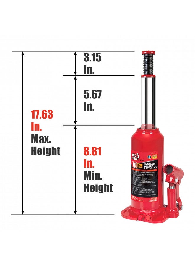 BIG RED T91003B Torin Hydraulic Welded Bottle Jack, 10 Ton (20,000 lb) Capacity, Red