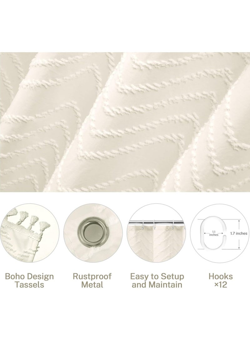 Boho Shower Curtain Beige White Tassel Woven Fabric Shower Curtain Modern Farmhouse Textured Tufted Chevron Striped Minimalist Bathroom Hotel (Beige, 183 * 213cm) - Image 3