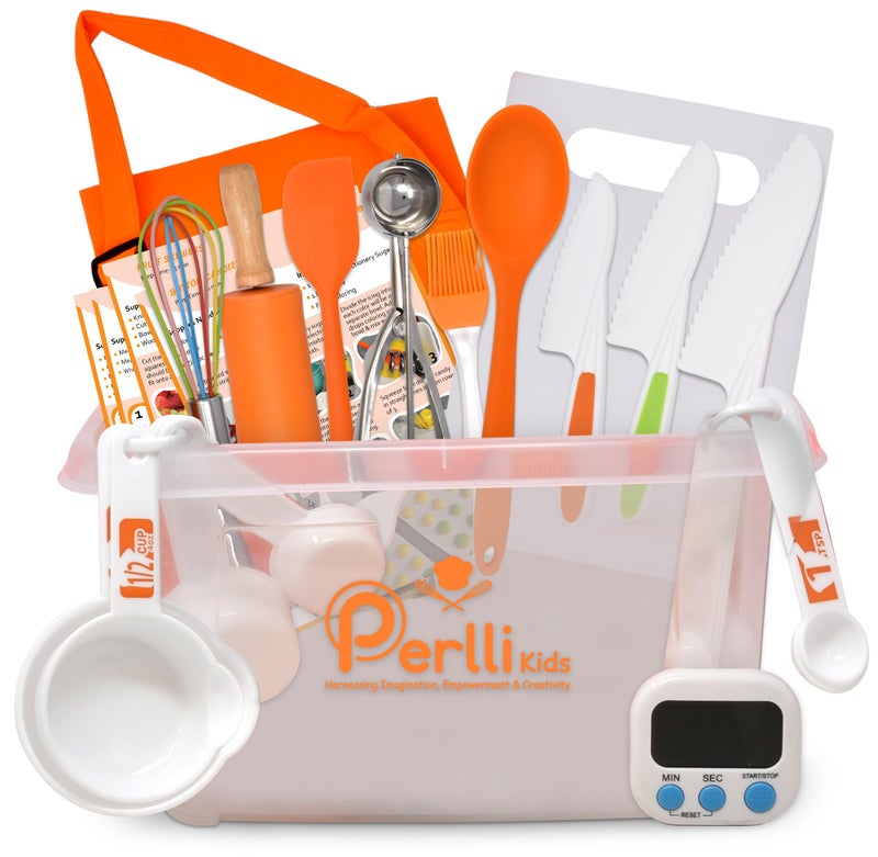 PERLLI Kids Real Cooking Set for Cooking and Baking - 31 Pc. Gift for Junior Chef with Real Utensils, Case & Safe Kids Knife Set for Boys & Girls - Fine Motor Skills & Fun for Children Ages 6+, Orange - Image 1