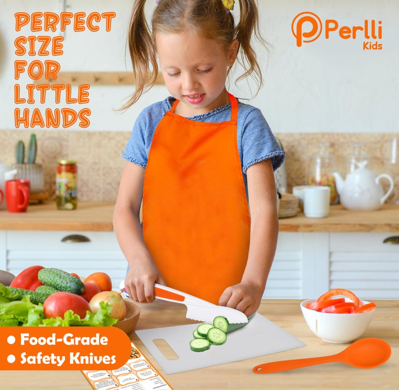 PERLLI Kids Real Cooking Set for Cooking and Baking - 31 Pc. Gift for Junior Chef with Real Utensils, Case & Safe Kids Knife Set for Boys & Girls - Fine Motor Skills & Fun for Children Ages 6+, Orange - Image 3