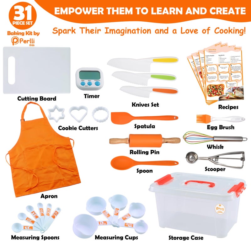 PERLLI Kids Real Cooking Set for Cooking and Baking - 31 Pc. Gift for Junior Chef with Real Utensils, Case & Safe Kids Knife Set for Boys & Girls - Fine Motor Skills & Fun for Children Ages 6+, Orange - Image 2