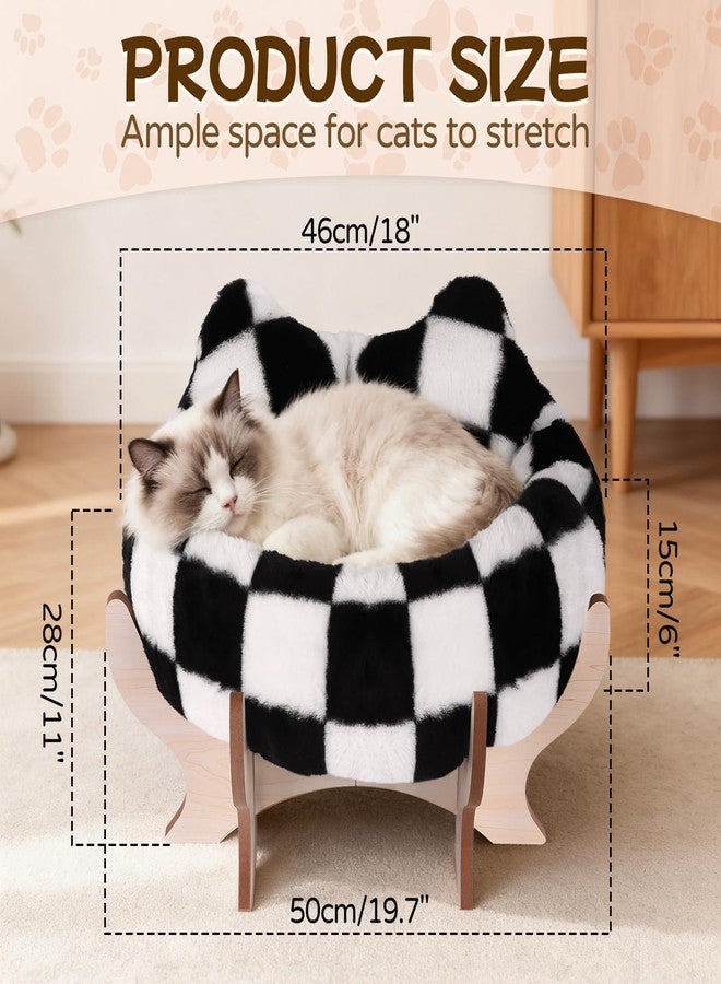 سرير بارتوك المرتفع للقطط المنزلية، أريكة سرير للحيوانات الأليفة مع وسادة ناعمة قابلة للإزالة، قاعدة خشبية، أريكة مرتفعة للقطط مقاس 18 × 11 بوصة للقطط الصغيرة والجراء، أثاث للقطط بوسادة ناعمة بنقشة مربعات - Image 2