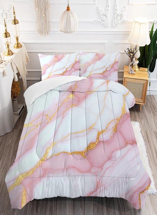 FUYEUN Marble Comforter Set Pale Pink Chic Bedding Sets Full Size for Girls Teens Women Gold Glitter Luxury Marbling Texture Quilt 1 Comforter + 2 Pillow Cases - Image 1