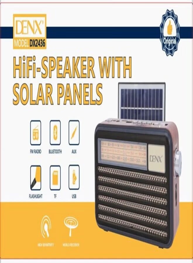 Denx Rechargeable Radio, Portable Radio AM FM Transistor with Best Sound, Solar/Battery Operated Radio, Support TF Card/USB Playing DX2436 