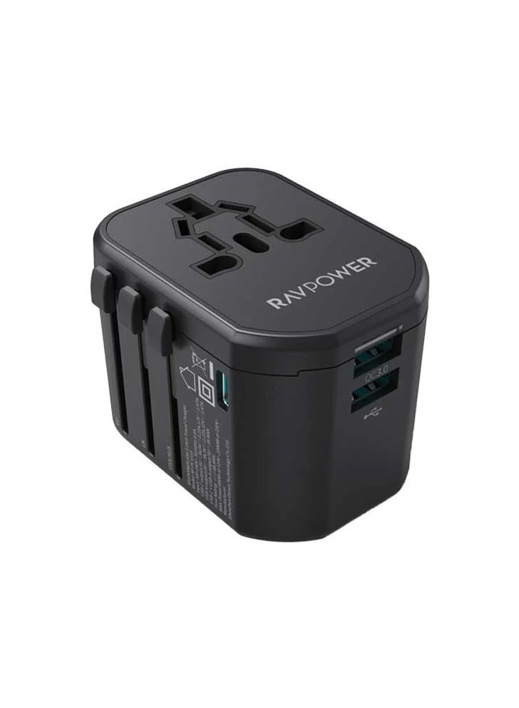 راف باور شاحن سفر متعدد المنافذ بقوة 20 وات مع منفذين USB ومنفذ واحد من النوع C - أسود - Image 1