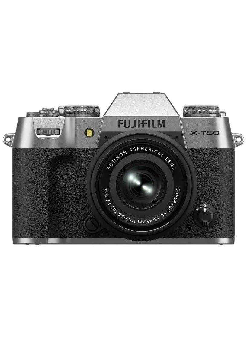 FUJIFILM X-T50 Mirrorless Digital Camera with XC 15-45mm Lens – Silver | 40.2MP Sensor, 6.2K Video, IBIS, AI Autofocus, Film Simulation Dial – Stylish All-in-One Photography Kit