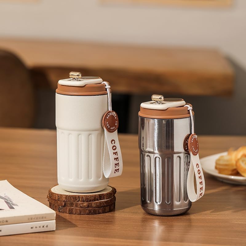 JUGTE JUGTE Coffee Mug Cup Digital Display Thermos Flasks 460 ml 316 Stainless Steel Travel Mug Insulated Vacuum Thermal Mug LeakProof Travel Mug with Lid for Coffee Silver Brown - Image 2