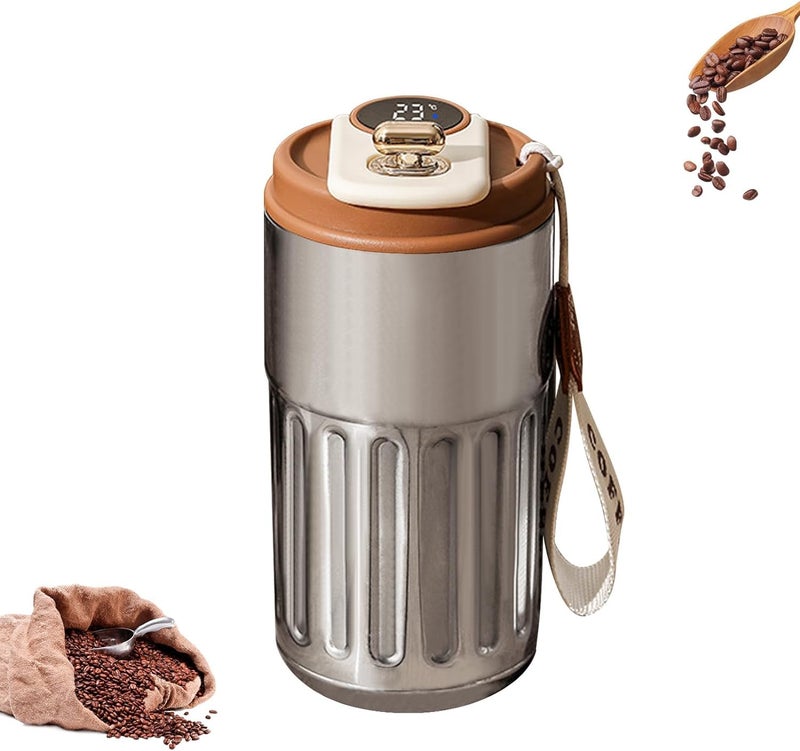 JUGTE JUGTE Coffee Mug Cup Digital Display Thermos Flasks 460 ml 316 Stainless Steel Travel Mug Insulated Vacuum Thermal Mug LeakProof Travel Mug with Lid for Coffee Silver Brown - Image 4