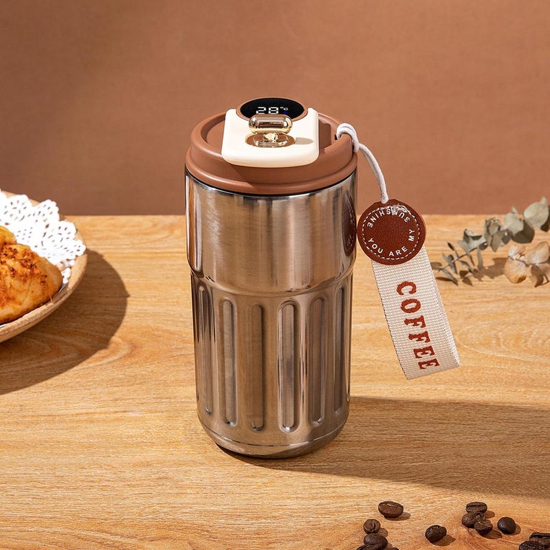 JUGTE JUGTE Coffee Mug Cup Digital Display Thermos Flasks 460 ml 316 Stainless Steel Travel Mug Insulated Vacuum Thermal Mug LeakProof Travel Mug with Lid for Coffee Silver Brown - Image 1