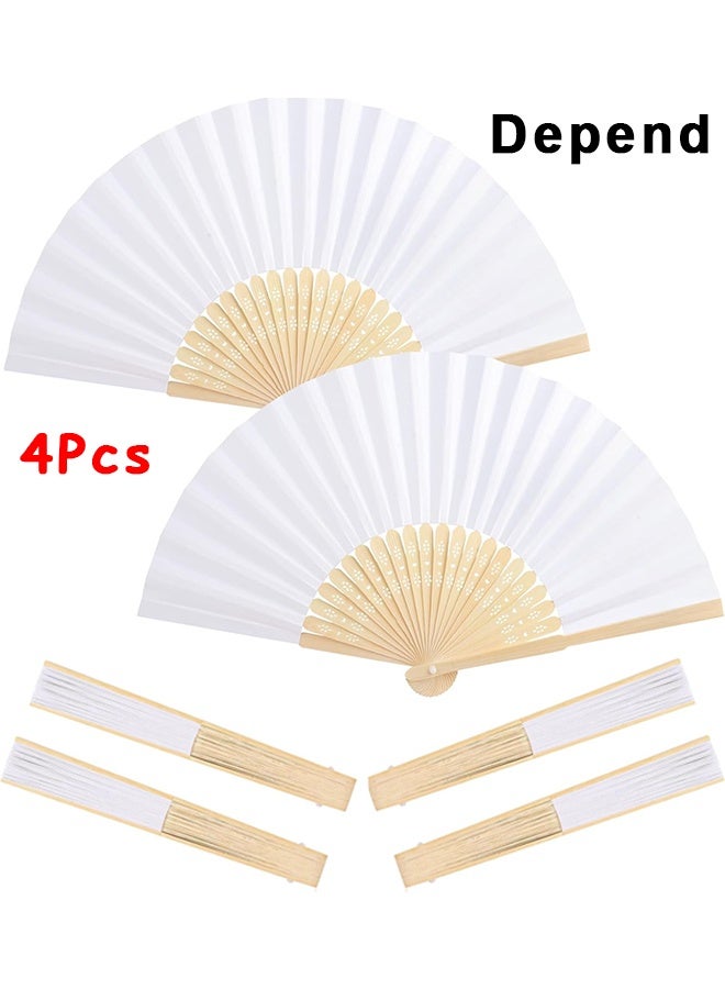 Depend 4 Packs Handheld Folding Fan, White Folding Fans, Small Chinese Folding Hand Fan For Women, Bamboo Silk Hand Fan For Wedding, Church, Performance, Dance, Beach, Travel, Party & Gift, DIY Decoration - Image 1