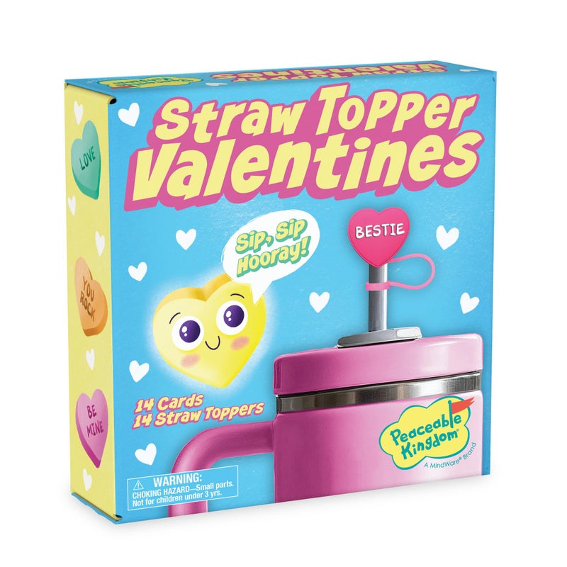 Peaceable Kingdom Valentine's Day Gift for Kids, Fun Party Favors for Classroom, Goodie Bag Stuffers - 14 Straw Topper Valentines - Image 1
