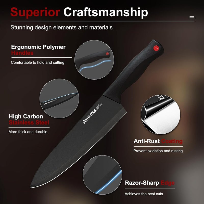 Astercook 15 Piece Knife Set with Sharpener Block - German Stainless Steel, Dishwasher Safe Kitchen Knives with Built-In Sharpener, Black - Image 3