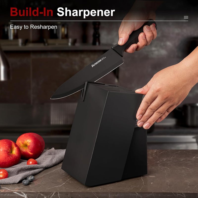 Astercook 15 Piece Knife Set with Sharpener Block - German Stainless Steel, Dishwasher Safe Kitchen Knives with Built-In Sharpener, Black - Image 4